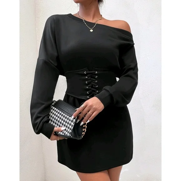 Asymmetrical Neck Sweatshirt Dress & Lace Up Corset - Picture 4 of 6